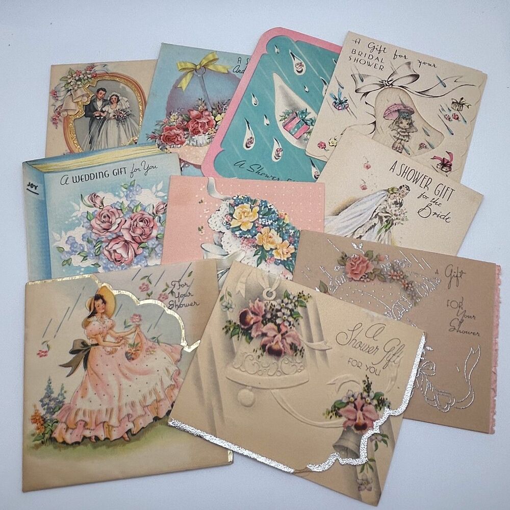 Vintage 1940s Wedding Shower Card Lot of 10 Golden Bell Used Ephemera